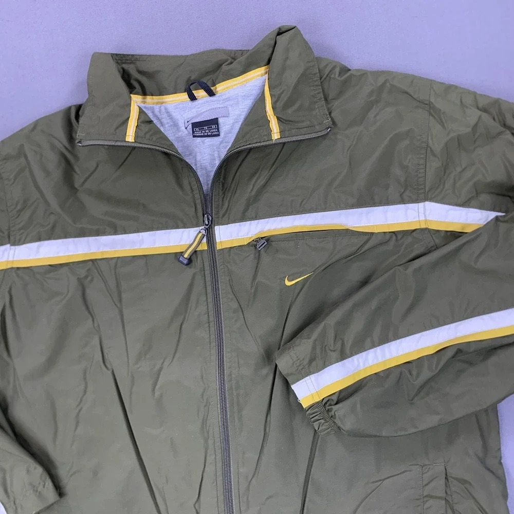 VTG Nike Jacket Mens XL Green Yellow Swoosh Lined Full Zip Windbreaker 90s Nylon